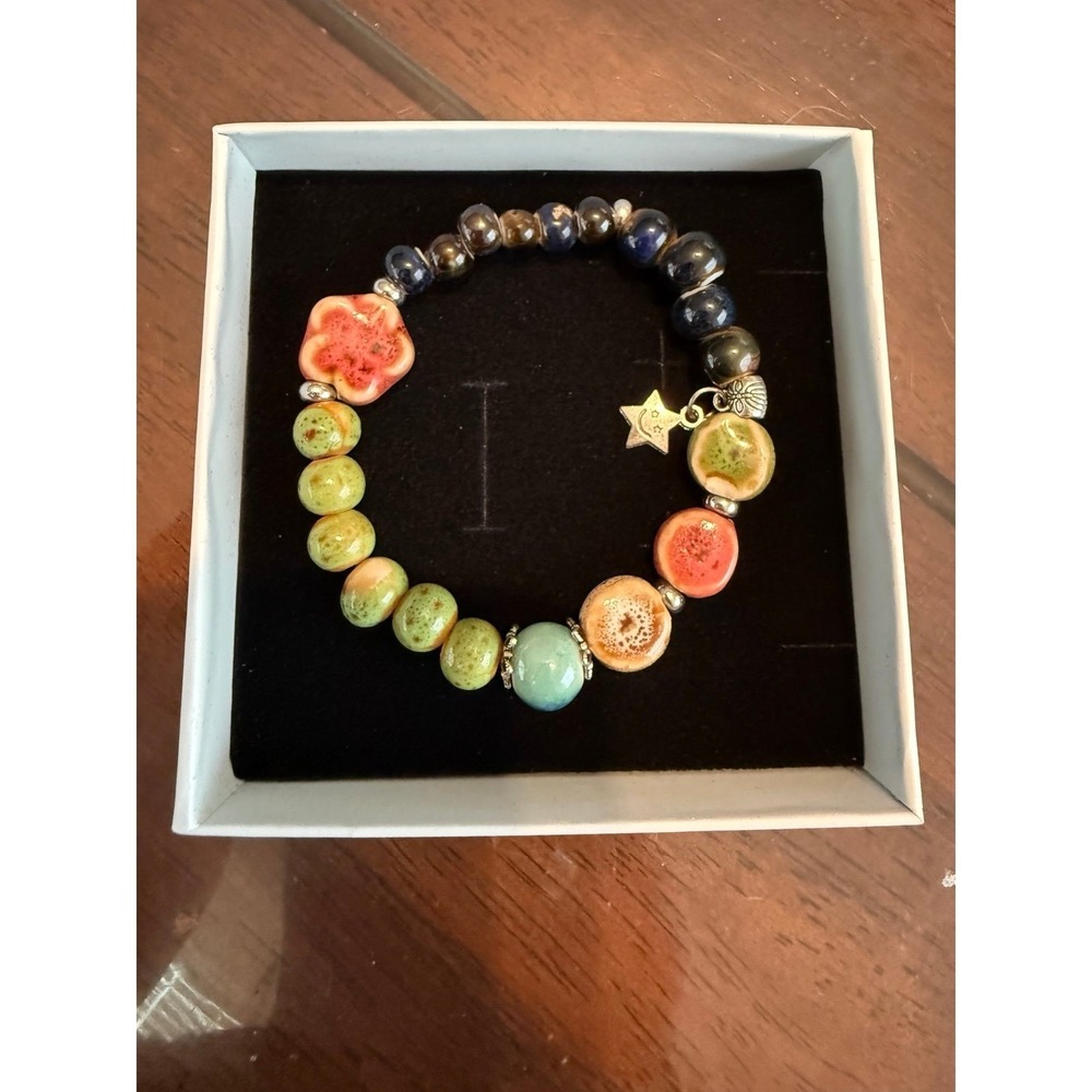 Ceramic Beaded Stretch Bracelet Multicolor Round Beads Silver Star Charm